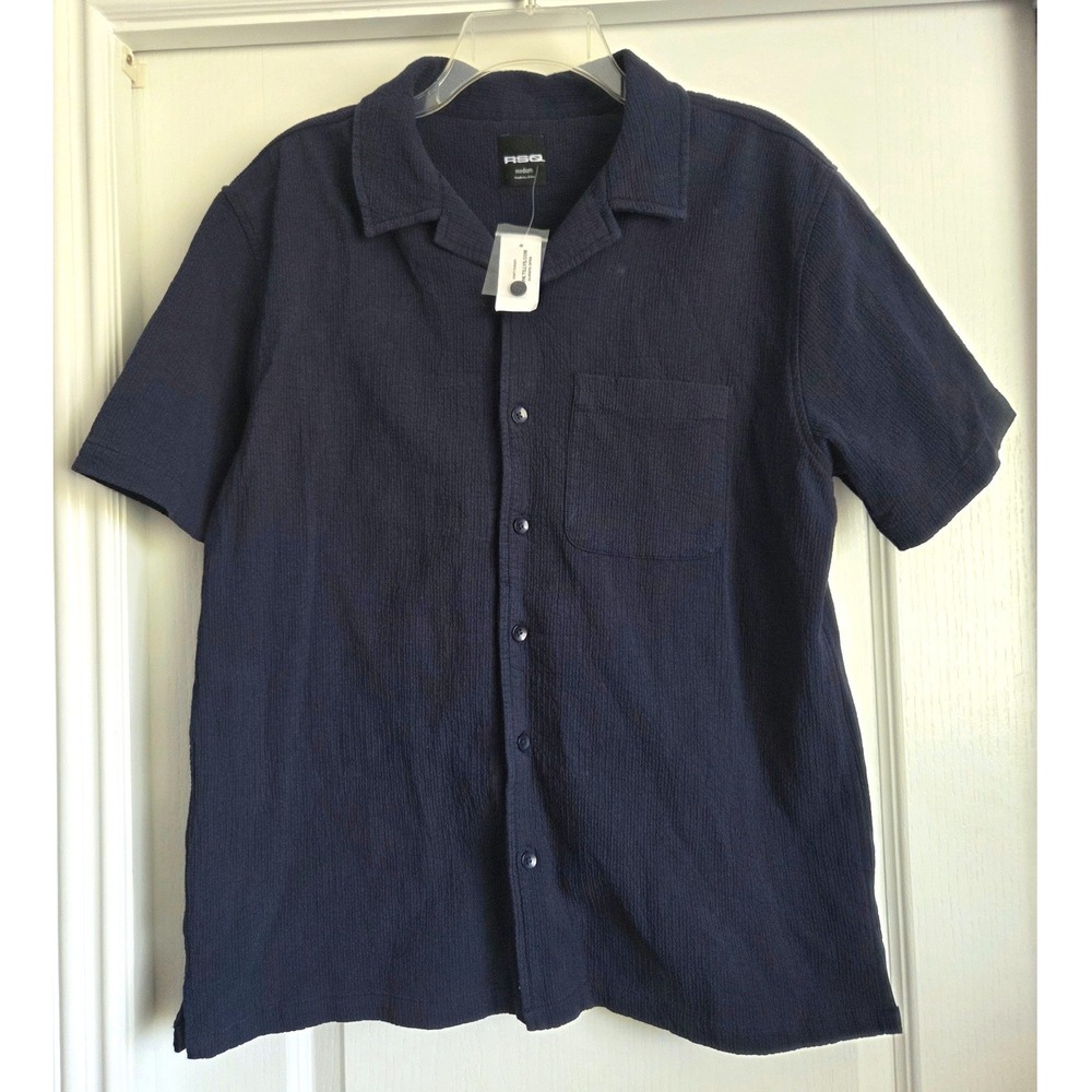 RSQ Navy Blue Texture Camp Collar Short Sleeve Button Down Shirt Cotton Size M